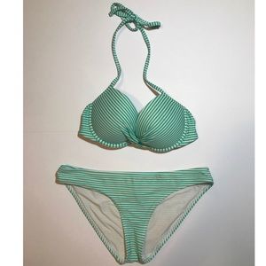 Aerie Stripped Wire Bikini Top Bottoms Green White
